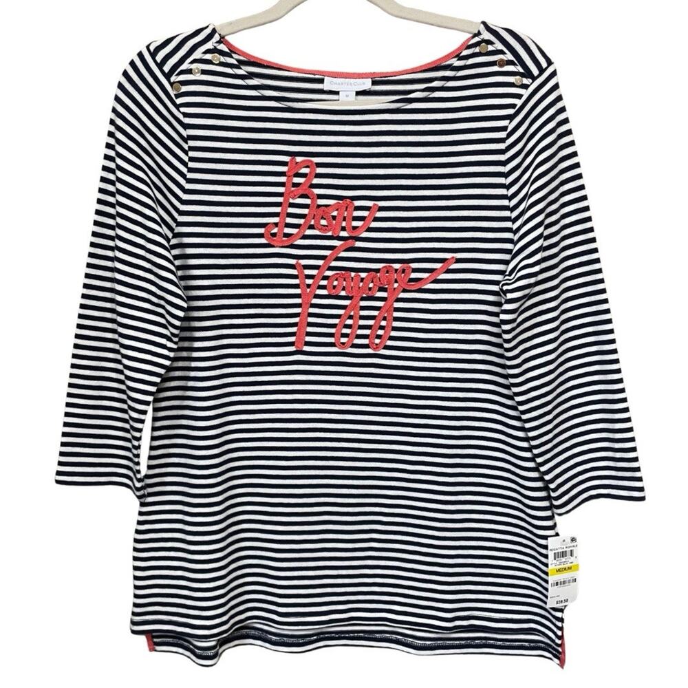 Charter Club Bon Voyage Boatneck Knit Tunic Size M Navy White Stripe Cotton NEW
